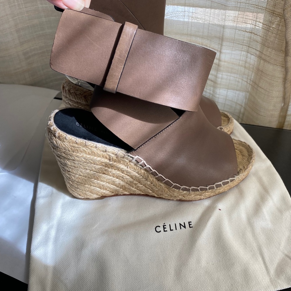 Celine espadrille brown Leather strap wedges ankle strap 36 peep-open toe/heel - Picture 6 of 9